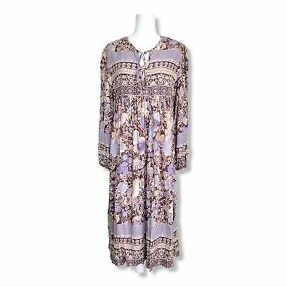 R.Vivmos Long Balloon Sleeve Boho Printed Midi Dress Size Medium peasant style - Picture 7 of 11